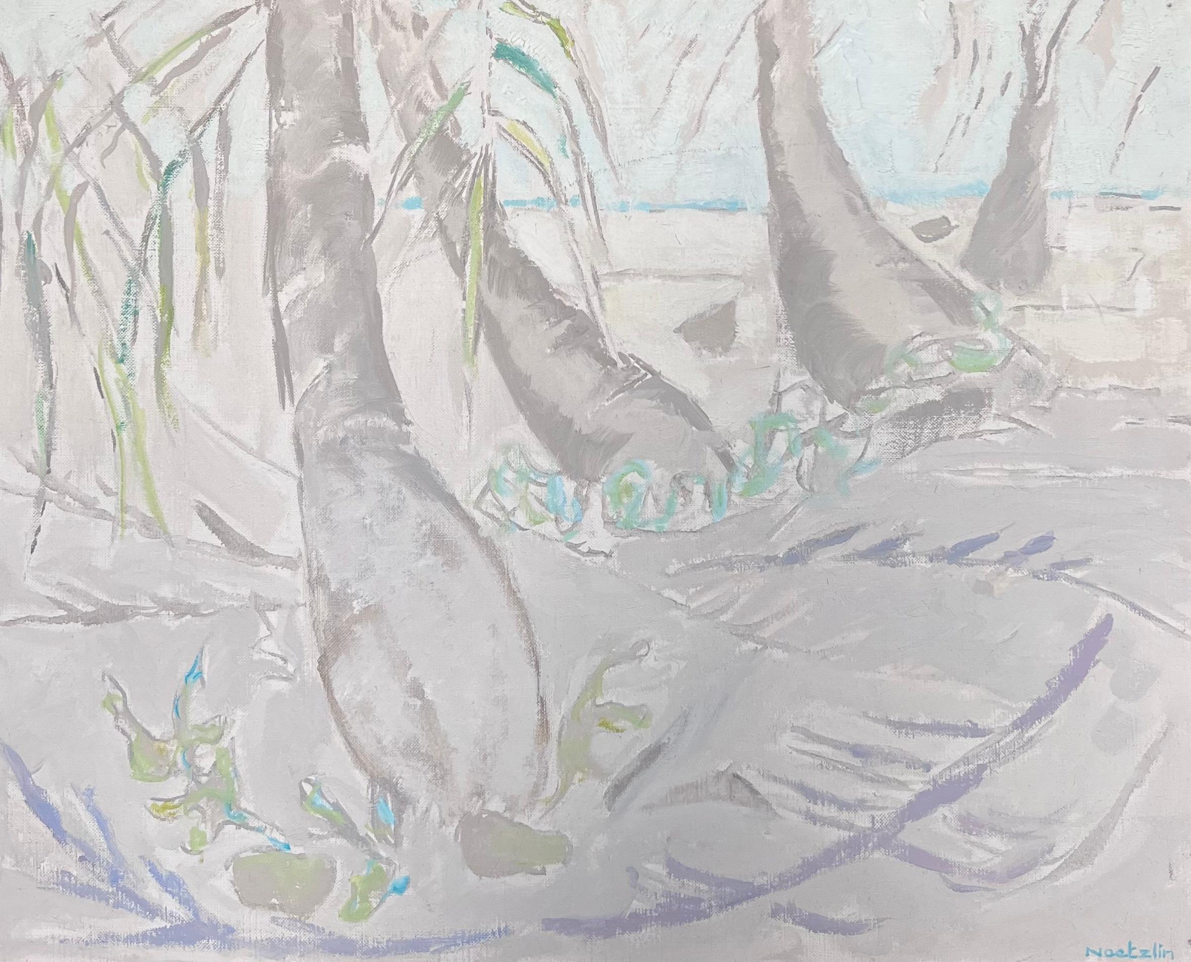 Modernist 20. Jahrhundert Französisch Ölgemälde Bäume in tropischen Küstenlandschaft – Painting von Laure Noetzin-Azam (French 1929-2024)