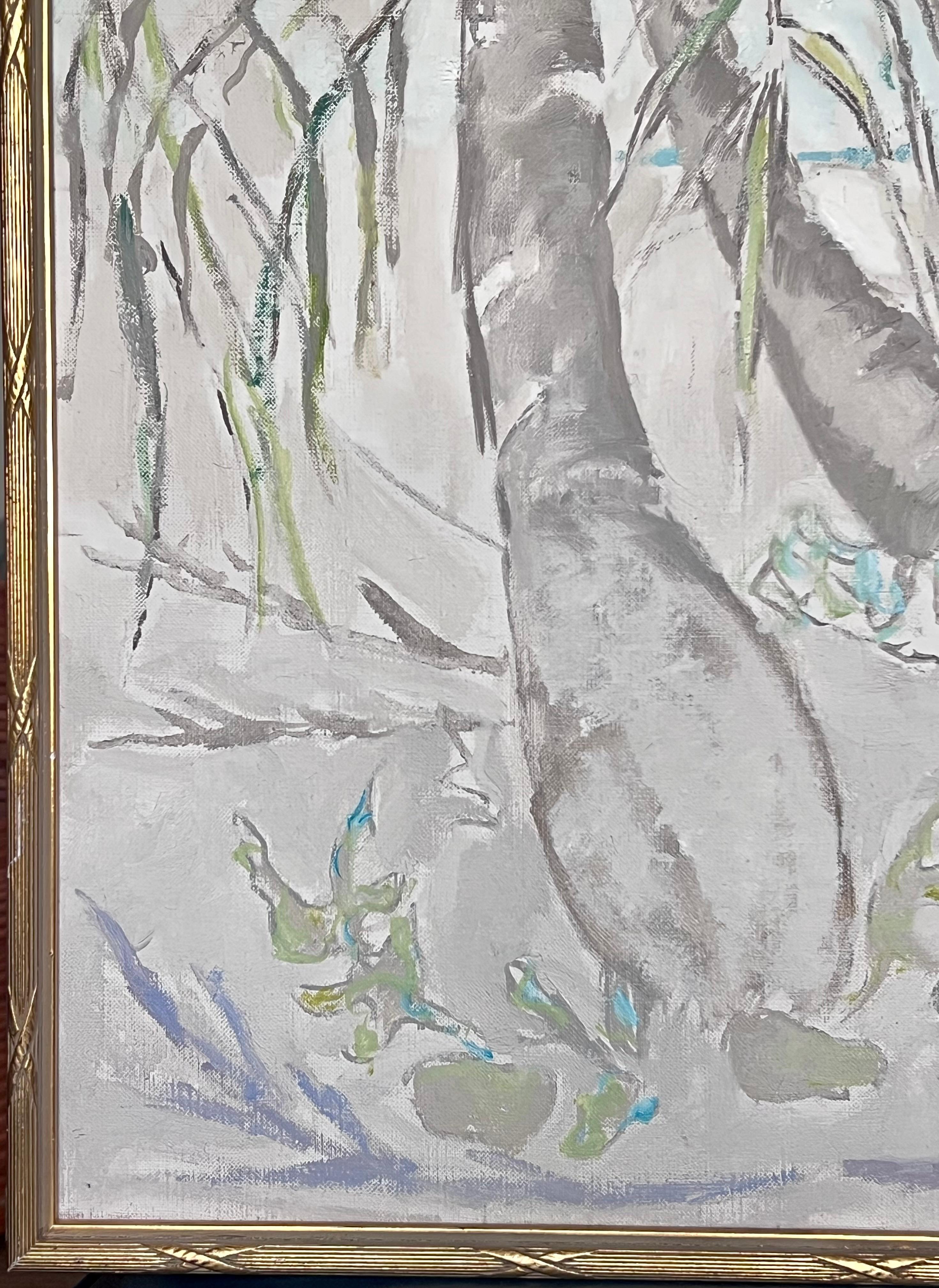 Modernist 20. Jahrhundert Französisch Ölgemälde Bäume in tropischen Küstenlandschaft (Kubismus), Painting, von Laure Noetzin-Azam (French 1929-2024)