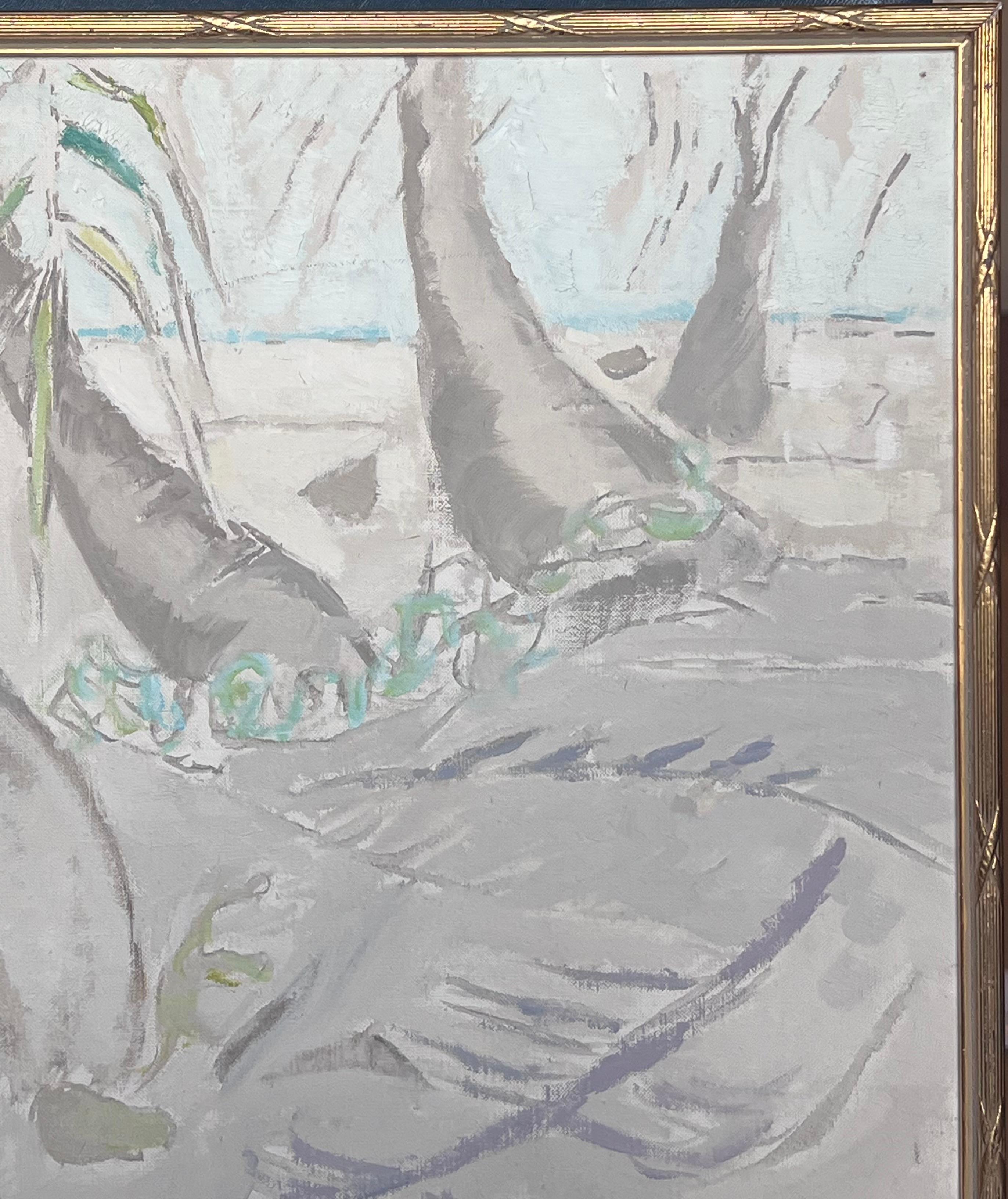 Modernist 20. Jahrhundert Französisch Ölgemälde Bäume in tropischen Küstenlandschaft (Grau), Landscape Painting, von Laure Noetzin-Azam (French 1929-2024)