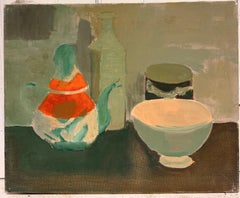 Modernist Still Life with Teapot Bottle & Bowl Soft Green Terracotta French Oil