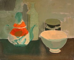 Modernist Still Life with Teapot Bottle & Bowl Soft Green Terracotta French Oil