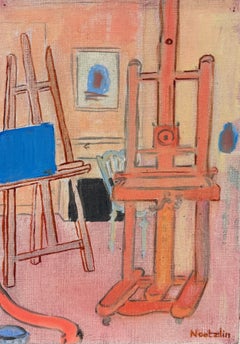 Interno di uno studio d'artista rosa con cavalletto – Dipinto modernista francese del XX secolo