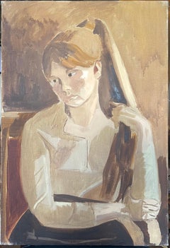 Retrato de una joven de beige Pintura al óleo modernista francesa del siglo XX