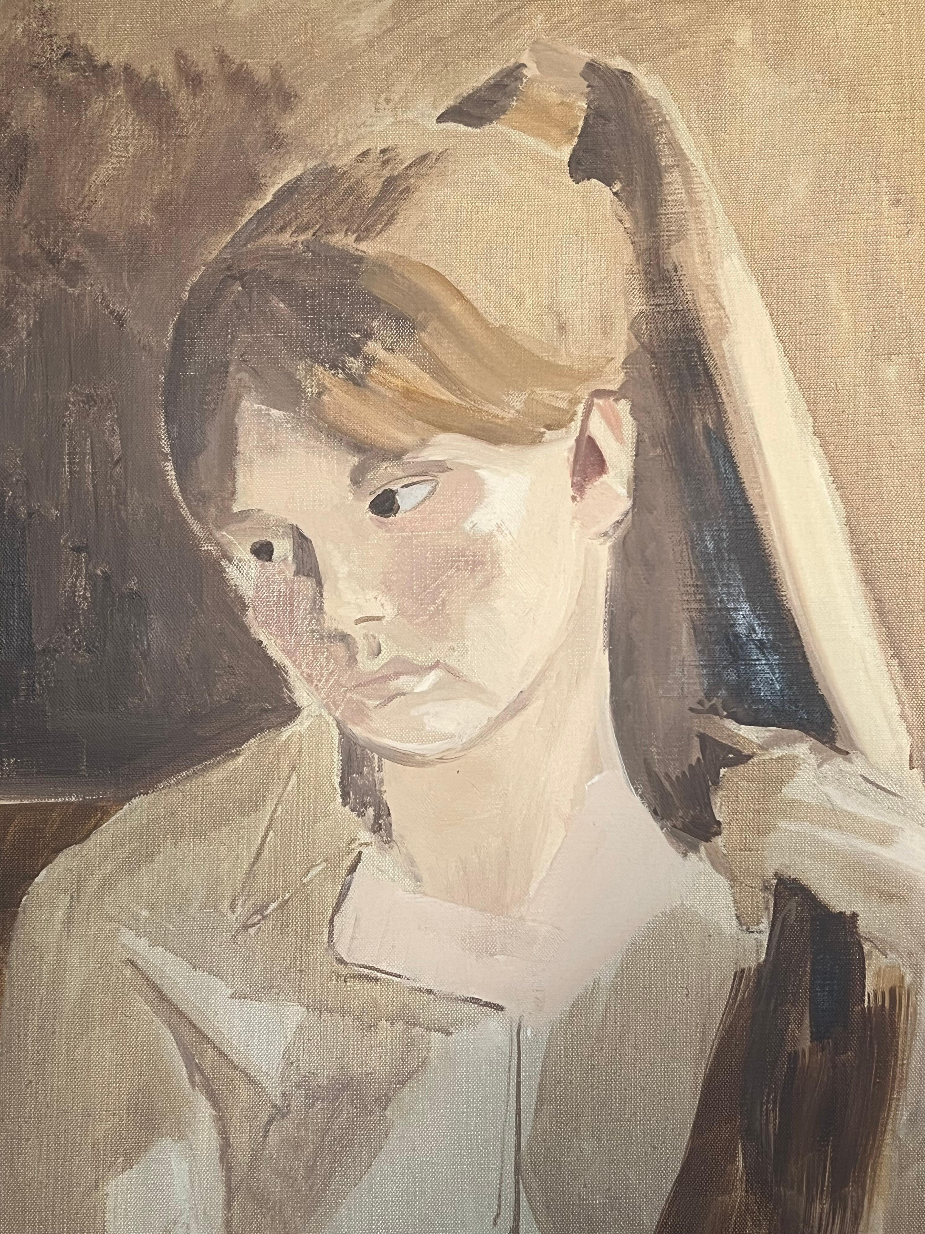 Portrait d'une jeune femme en beige Peinture à l'huile moderniste française du 20e siècle - Cubisme Painting par Laure Noetzin-Azam (French 1929-2024)