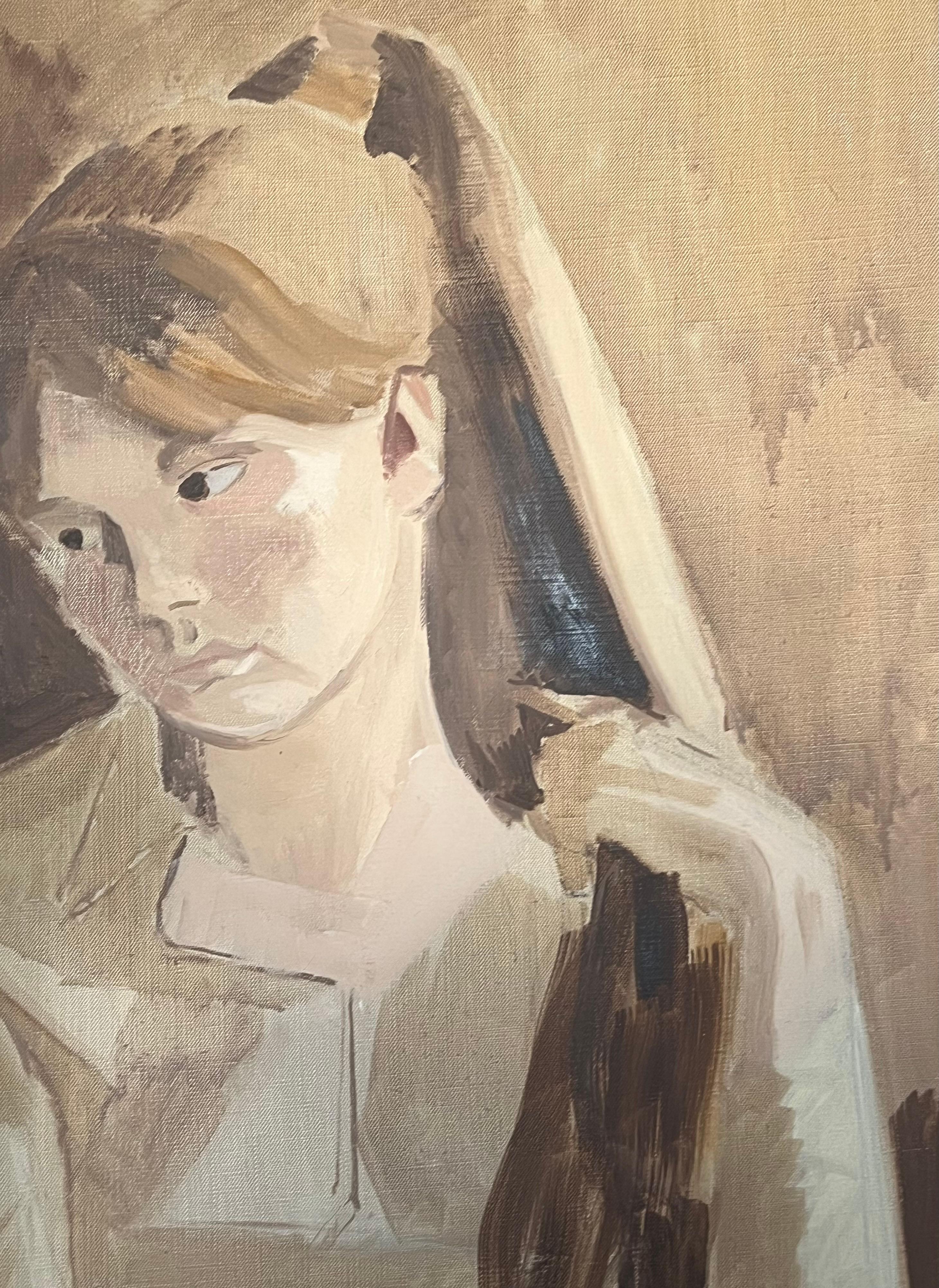 Portrait d'une jeune femme en beige Peinture à l'huile moderniste française du 20e siècle - Beige Figurative Painting par Laure Noetzin-Azam (French 1929-2024)