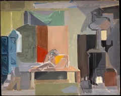 Pittura a olio francese post-cubista della metà del XX secolo Composizione d'interni