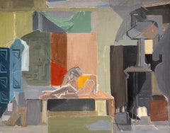 Pittura a olio francese post-cubista della metà del XX secolo Composizione d'interni