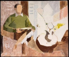 Pittura a olio post-cubista francese del XX secolo, scena d'interni con figura