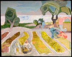 Post-Cubist Oil Painting French Mid Century Harvest Workers in Field Sketch