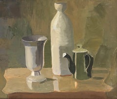 Pittura a olio su tela post-cubista, incorniciata, metà del XX secolo, firmata Natura morta