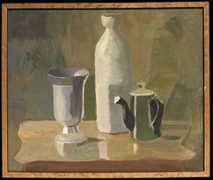 Pittura a olio su tela post-cubista, incorniciata, metà del XX secolo, firmata Natura morta
