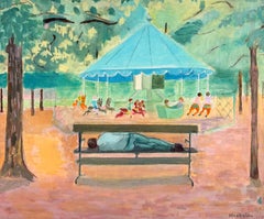 Signed 20th Century French Oil Painting Figure Sleeping Park Bench Carousel Fair
