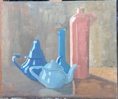Still Life with Blue Teapots & Tall Rose Bottle French Post Oil Painting