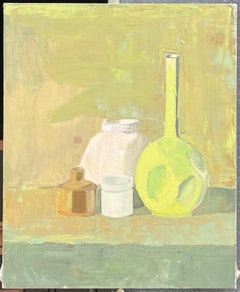Still Life with Neon Green Glass Bottle Earthy Tones French Post Oil Painting