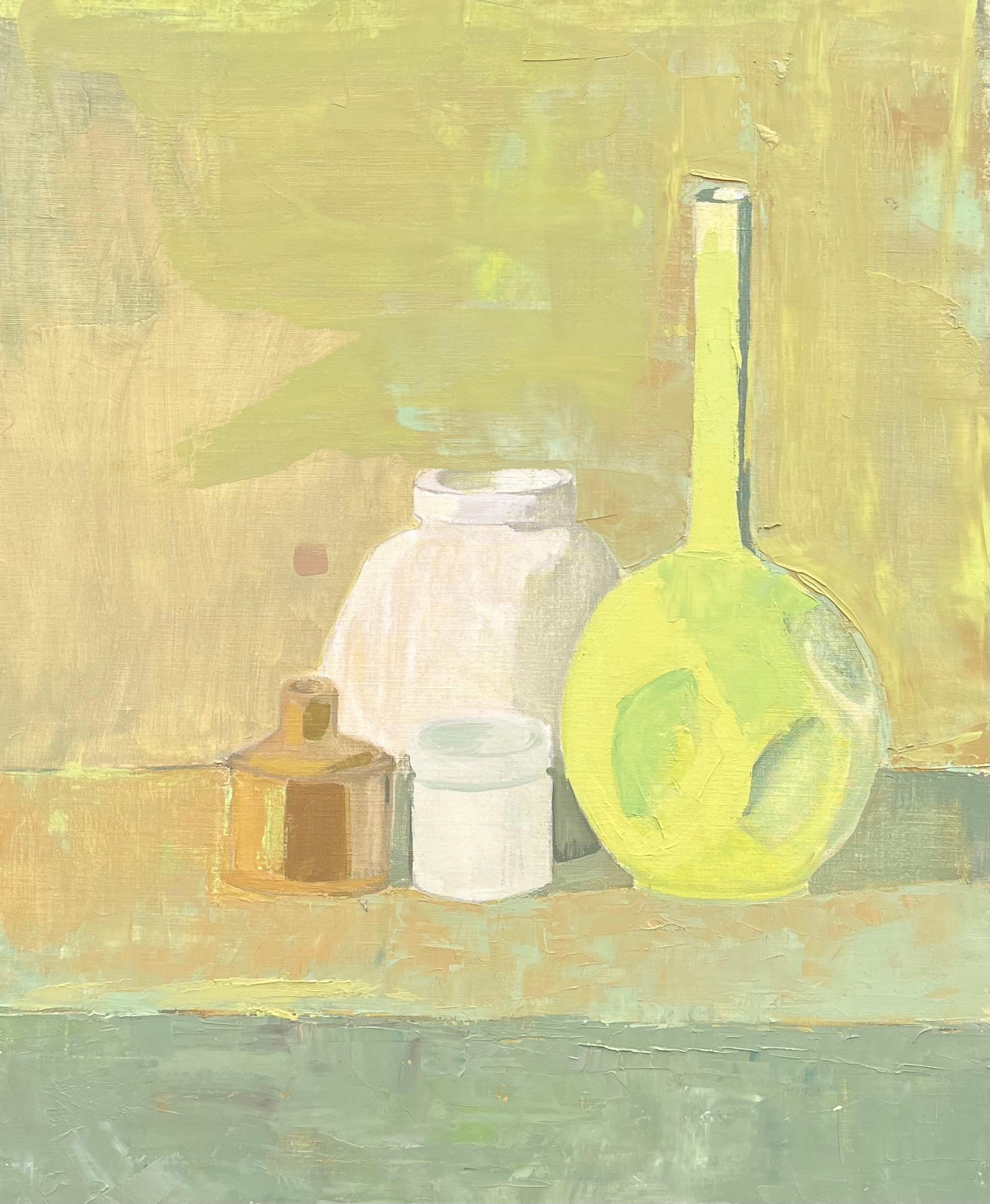 Still Life with Neon Green Glass Bottle Earthy Tones French Post Oil Painting
