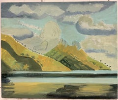 Summer Mountain Landscape with Lake & Soft Clouds French Modernist Oil Painting
