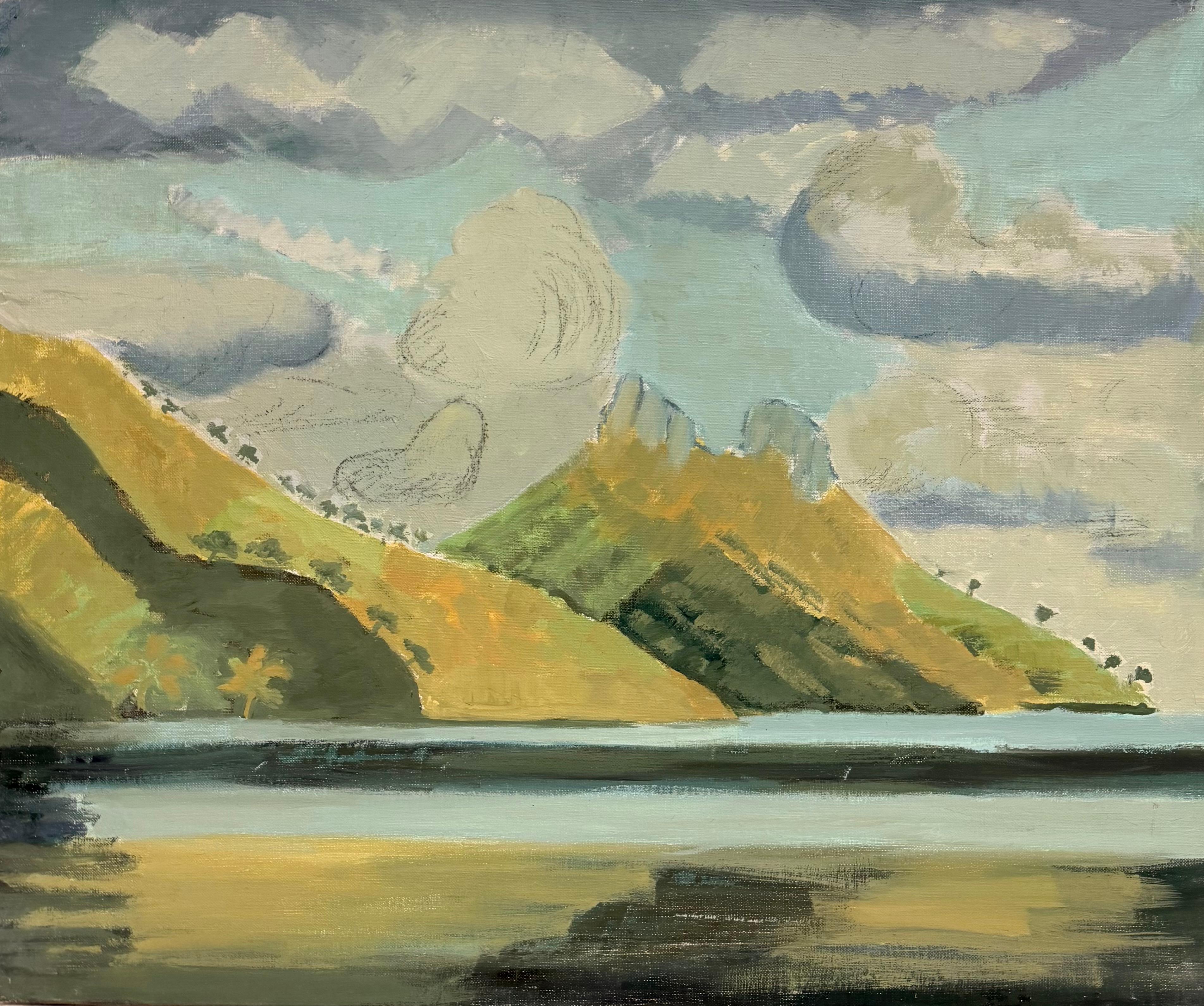 Laure Noetzin-Azam (French 1929-2024) Landscape Painting - Summer Mountain Landscape with Lake & Soft Clouds French Modernist Oil Painting