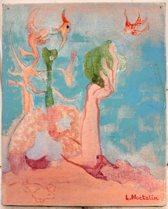 Surrealist Figure with Flying Fish French Modernist 20th Century Painting
