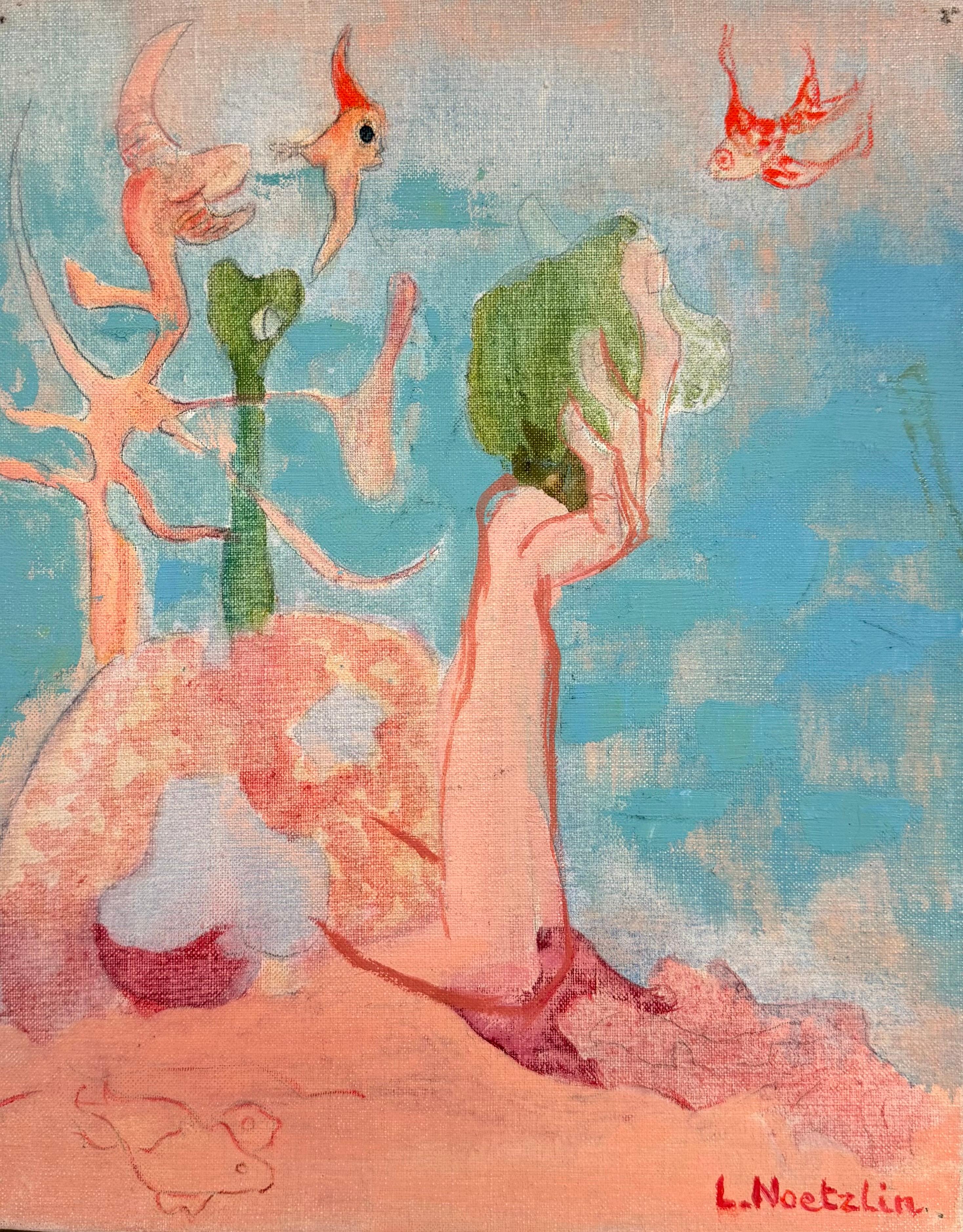 Surrealist Figure with Flying Fish French Modernist 20th Century Painting