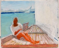 „Gebräunte Frau beim Lesen am Meer“ – Gemälde eines französischen Malers der Moderne aus dem 20. Jahrhundert