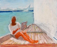 „Gebräunte Frau beim Lesen am Meer“ – Gemälde eines französischen Malers der Moderne aus dem 20. Jahrhundert