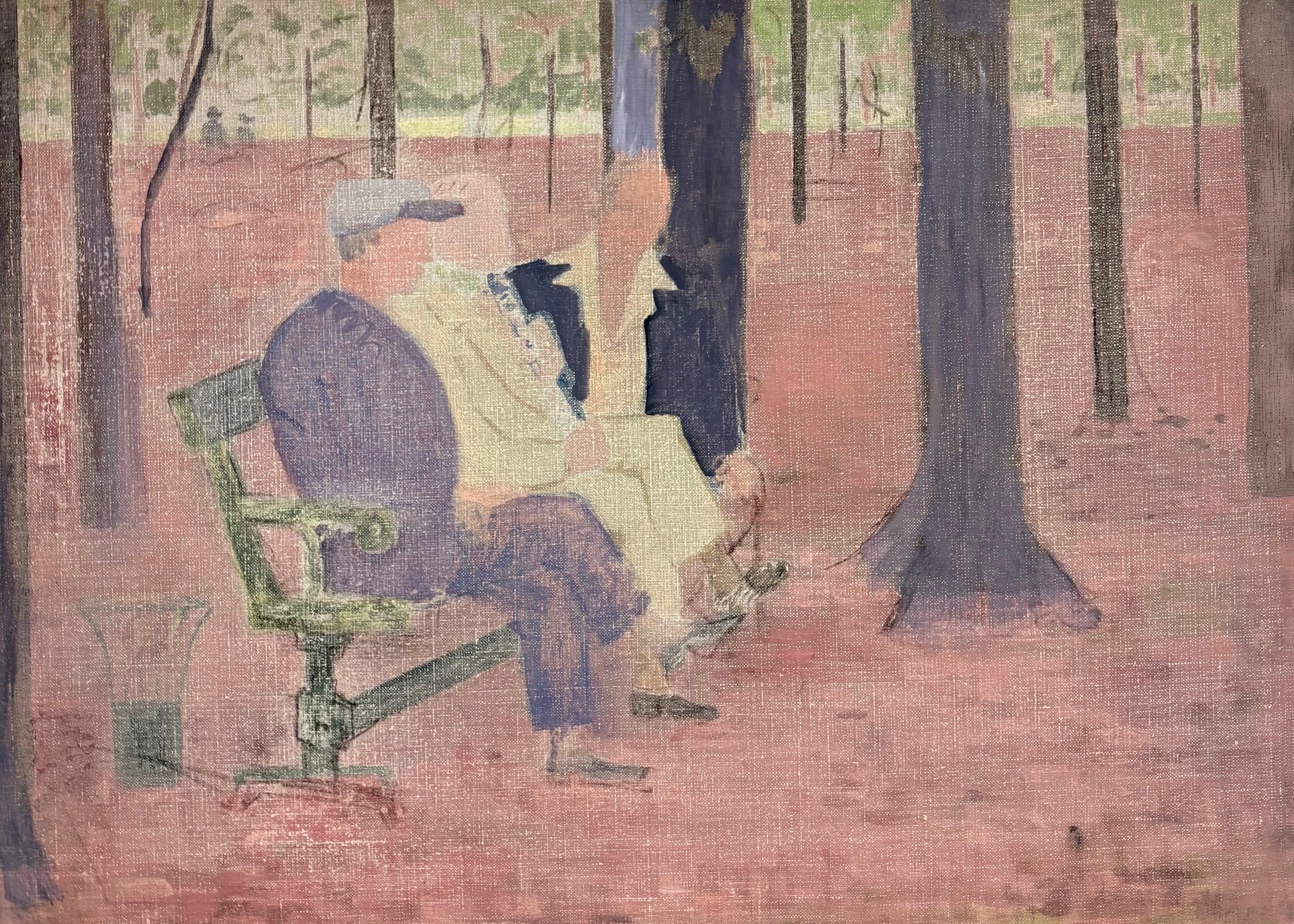 The Gentleman's Park Bench French Modernist 20th Century Oil on Canvas, 13x18 in