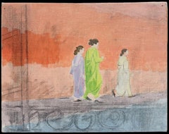 Three Robed Women Strolling Along Paris Street French Modernist Painting