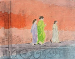 Three Robed Women Strolling Along Paris Street French Modernist Painting