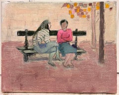 Two Women in Conversation on Paris Park Bench French Modernist 20th Century Oil