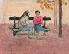 Two Women in Conversation on Paris Park Bench French Modernist 20th Century Oil