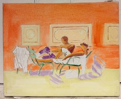Deux femmes se reposant sur une terrasse orange – Peinture moderniste française du XXe siècle