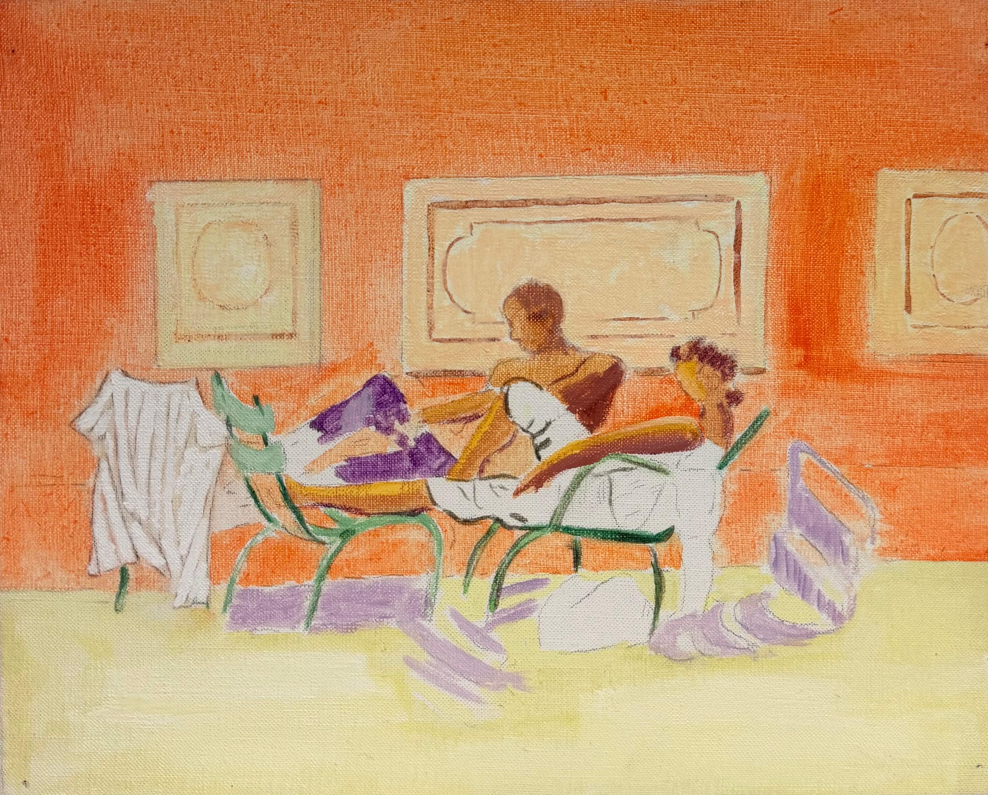 Two Women Relaxing on Orange Terrace French Modernist 20th Century Painting