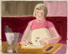 Woman Dining in a Pink Paris Café French Modernist 20th Century Painting