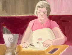 Woman Dining in a Pink Paris Café French Modernist 20th Century Painting