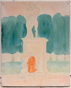 Woman Reading Beneath Classical Statue French Modernist 20th Century Painting