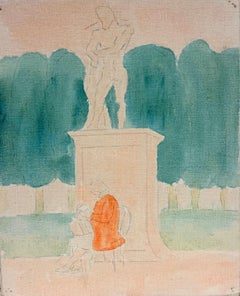 Woman Reading Beneath Classical Statue French Modernist 20th Century Painting