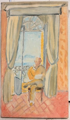 Woman Reading by French Window Interior Modernist 20th Century Oil Painting