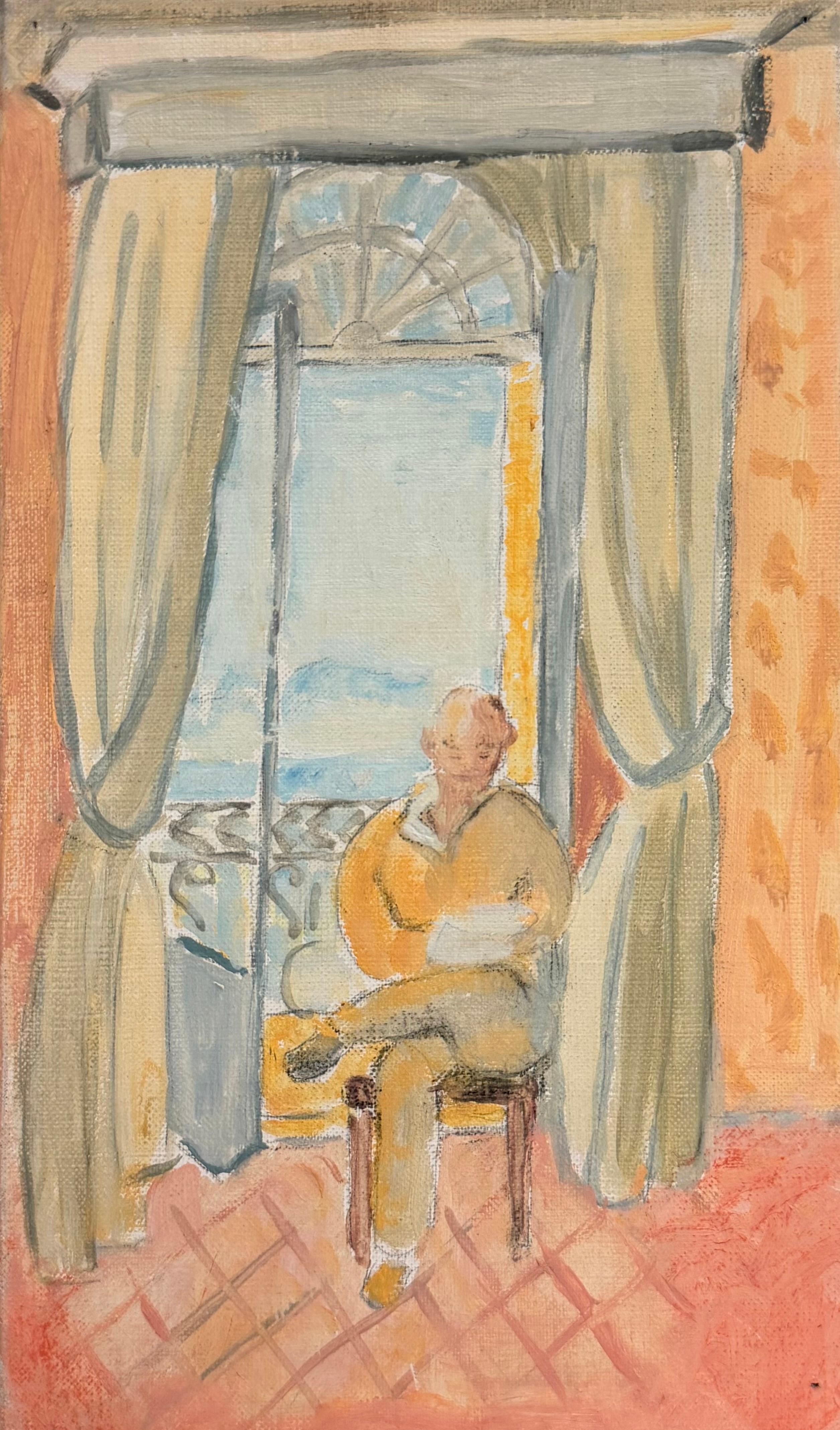 Woman Reading by French Window Interior Modernist 20th Century Oil Painting