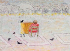 Woman Seated at Piano in Parisian Square French Modernist 20th Century Oil