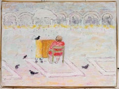 Woman Seated at Piano in Parisian Square French Modernist 20th Century Oil