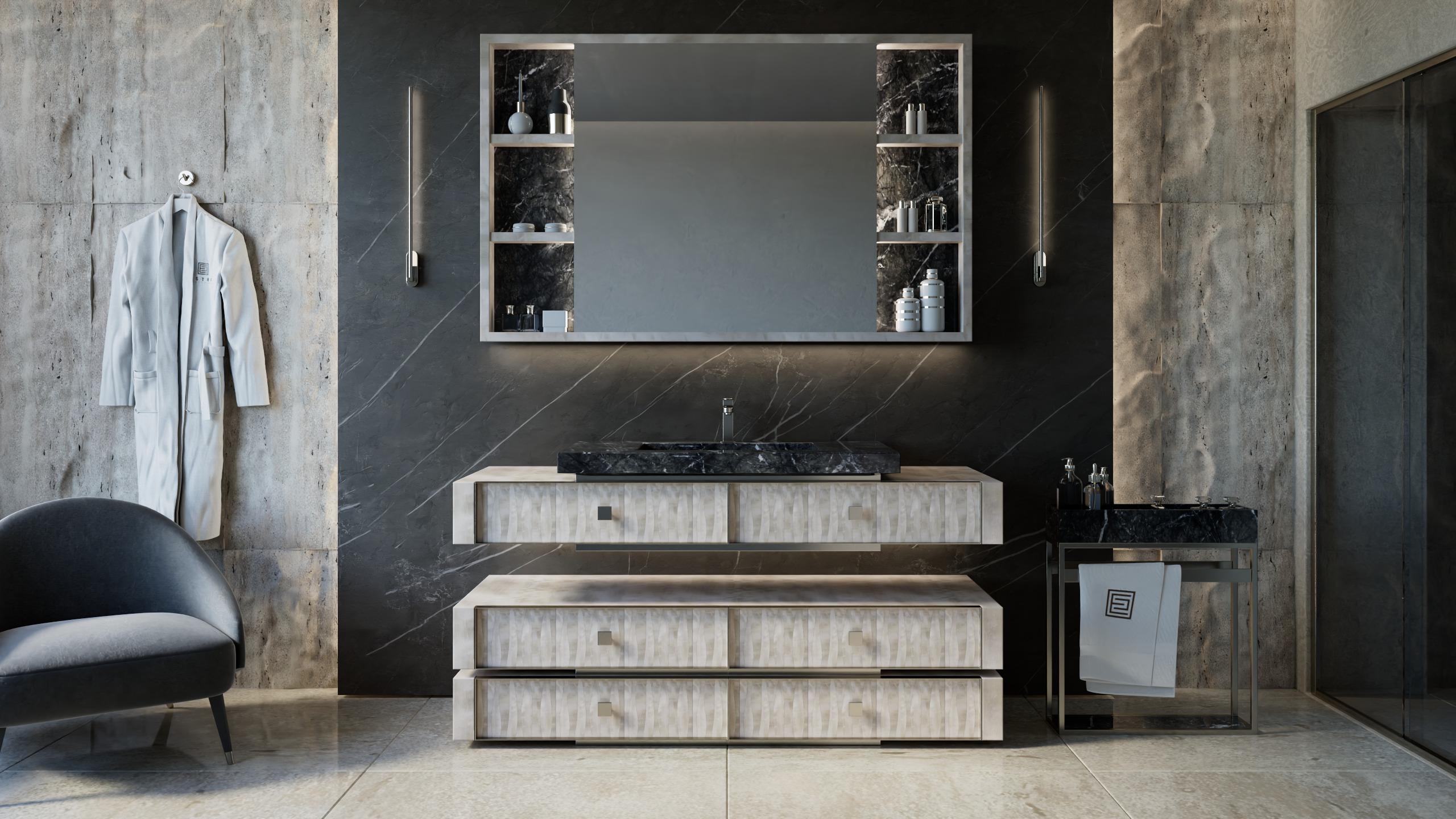 Armario TF L'Aure de Estro Collezioni
Dimensiones:  An 180/220 x Pr 50 x Al 90 cm
Materiales: Madera, Mármol, Metal. 

Armario independiente fabricado con estructura de madera maciza. La encimera es de una estructura de mármol de 6 cm con un
