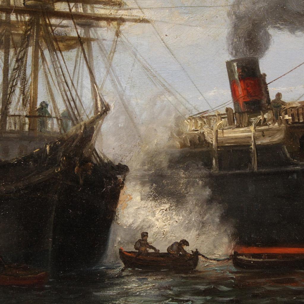 19th Century Oil on Canvas Spanish Signed and Dated Painting Seascape with Boats in vendita 8