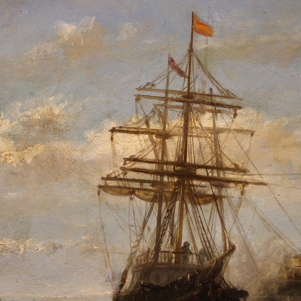 19th Century Oil on Canvas Spanish Signed and Dated Painting Seascape with Boats in vendita 9