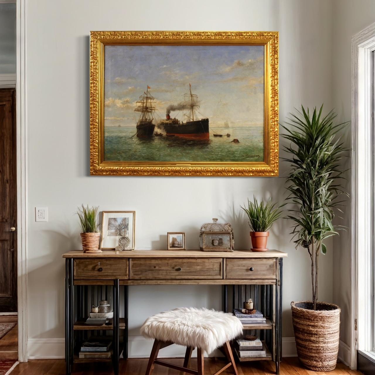 19th Century Oil on Canvas Spanish Signed and Dated Painting Seascape with Boats in vendita 10