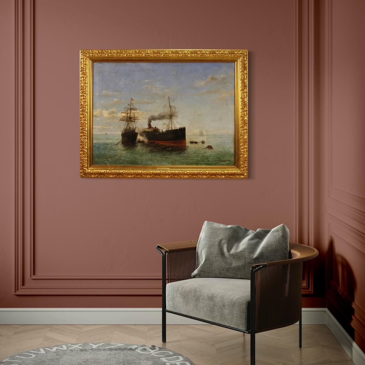 19th Century Oil on Canvas Spanish Signed and Dated Painting Seascape with Boats in vendita 11