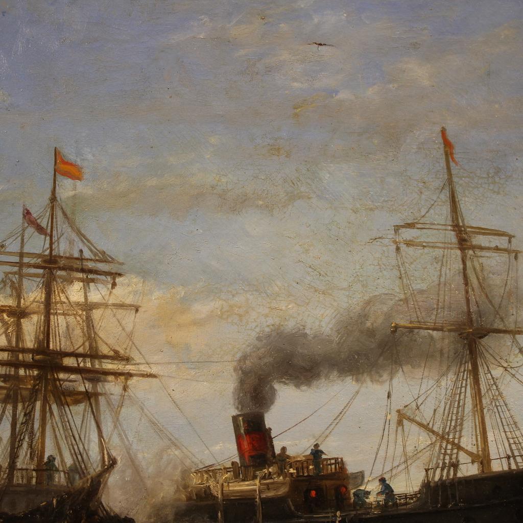 19th Century Oil on Canvas Spanish Signed and Dated Painting Seascape with Boats in vendita 12