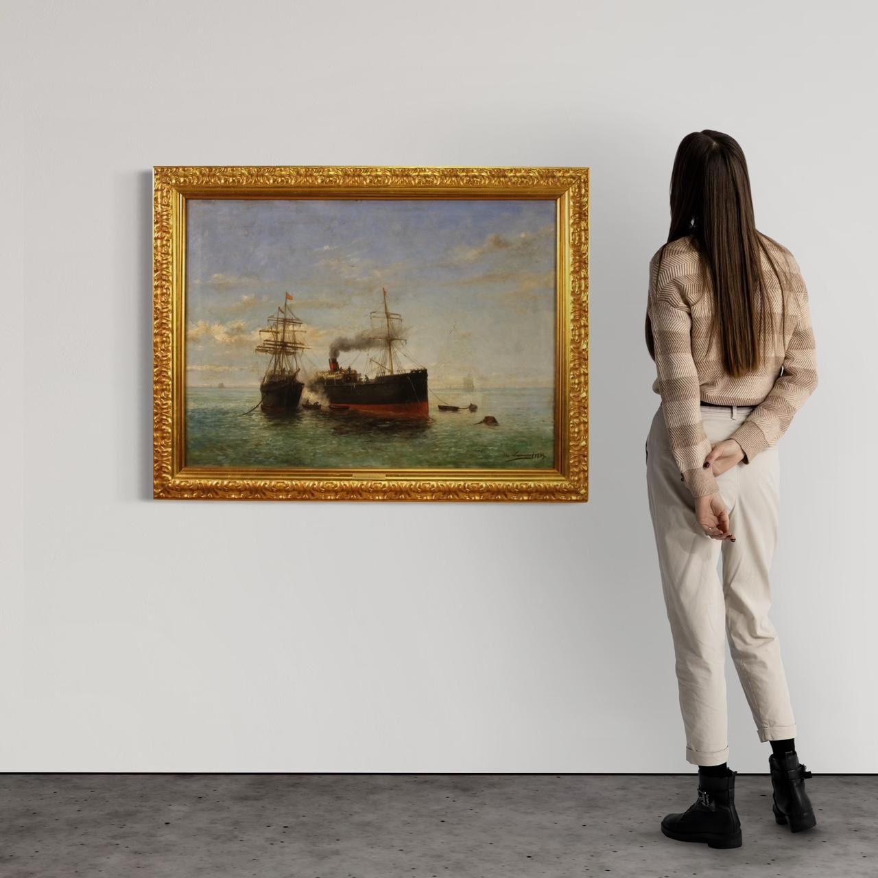 19th Century Oil on Canvas Spanish Signed and Dated Painting Seascape with Boats - Landscape Painting Marrone di Laureano Barrau Buñol