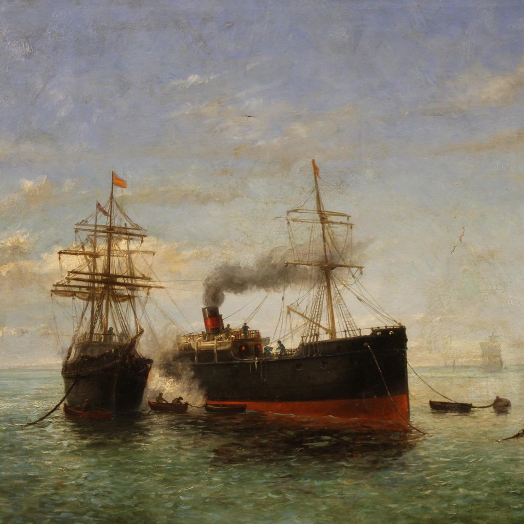 Splendid landscape signed and dated 1895. Oil on canvas painting, first canvas, depicting a seascape animated by two large ships, a steamboat and a sailing boat. Painting of excellent pictorial quality, rich in minute details and reflections on the