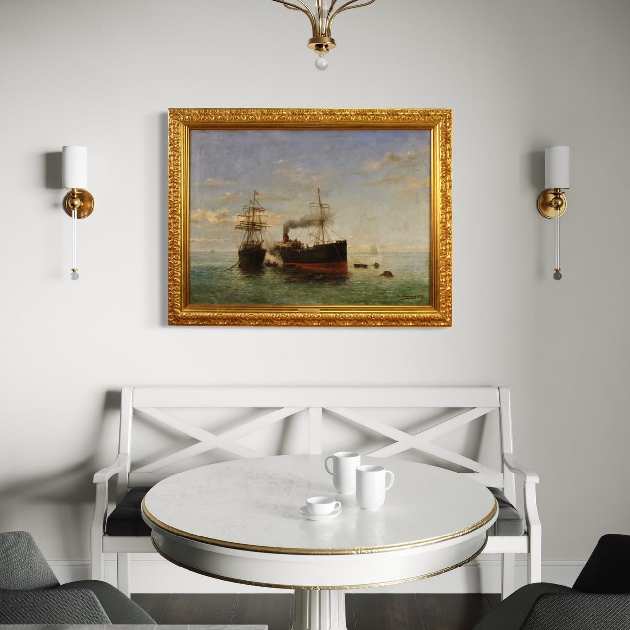 19th Century Oil on Canvas Spanish Signed and Dated Painting Seascape with Boats in vendita 2