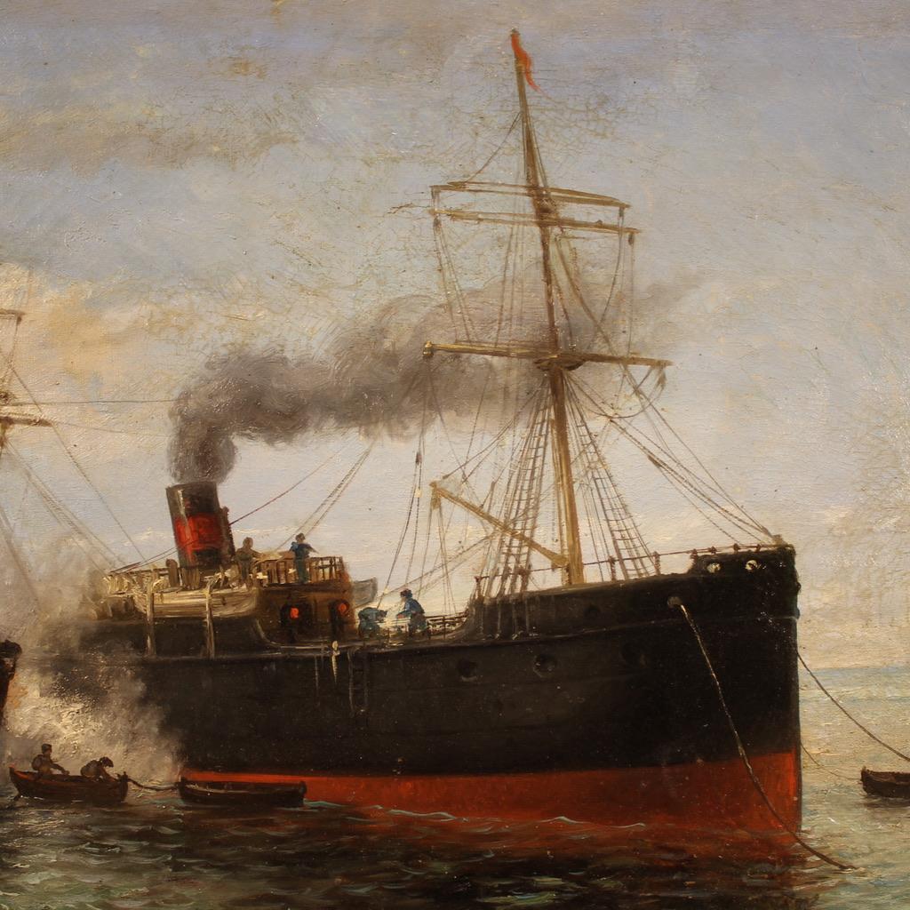 19th Century Oil on Canvas Spanish Signed and Dated Painting Seascape with Boats in vendita 3